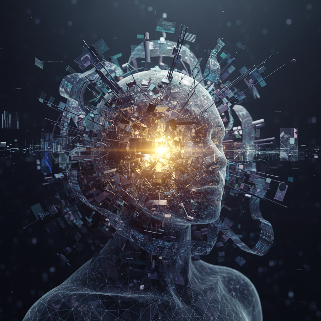 Surrealistische Darstellung des Mental Load, bei dem ein Kopf von chaotischen Gedanken und Aufgaben umgeben ist, aber im Zentrum eine ruhige, goldene Lichtquelle als Schutz leuchtet.