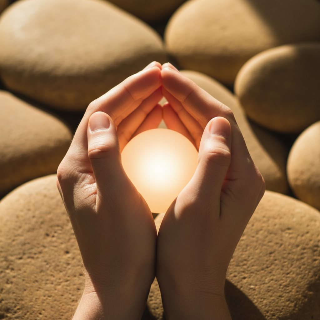 Nahaufnahme von ineinandergreifenden Händen, die vorsichtig eine leuchtende Kugel umschließen und damit die Notwendigkeit von Self-Care und mentaler Stärke symbolisieren.
