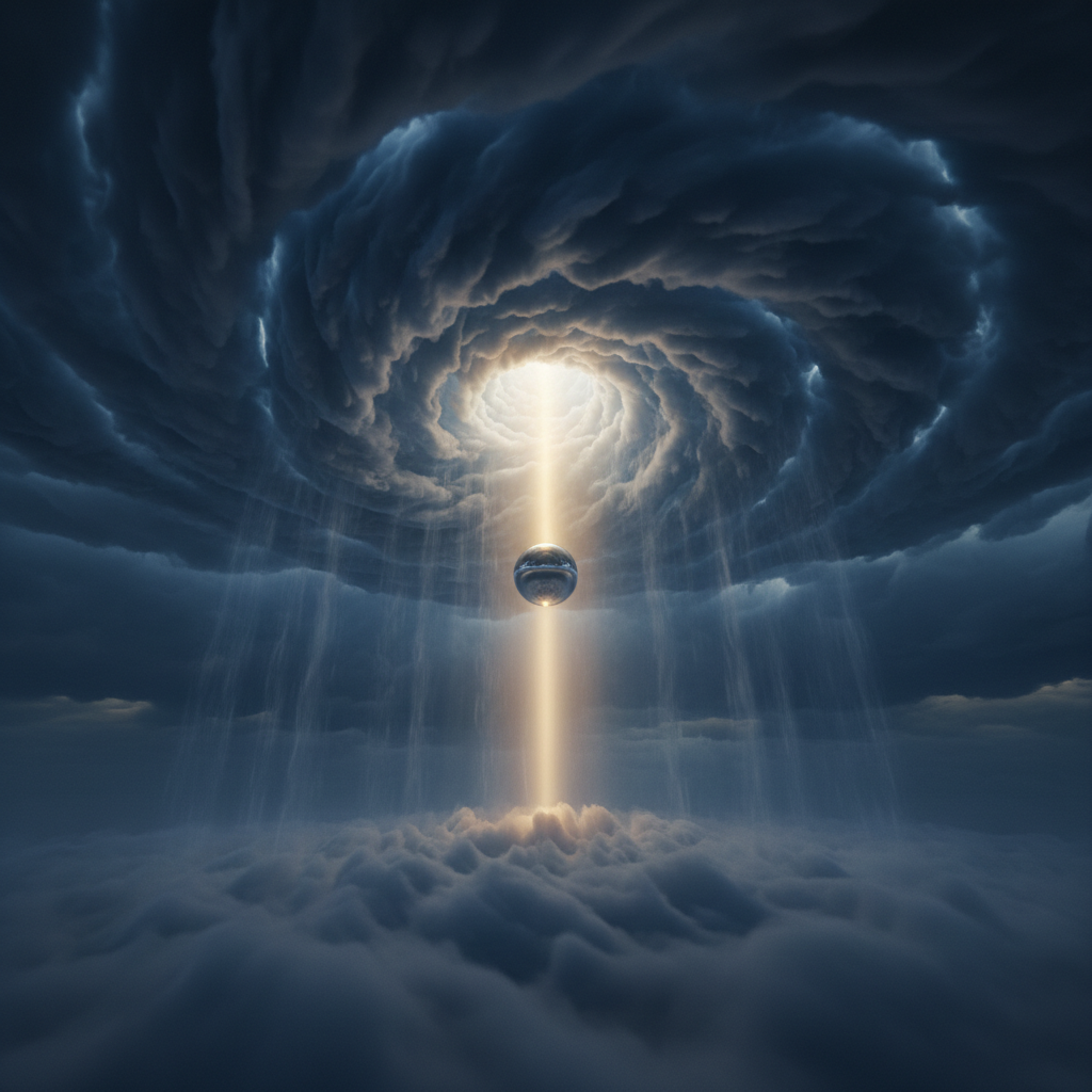 Symbolbild für 5 Minuten Selfcare: Ein goldener Lichtstrahl durchbricht Chaos und Nebel, um den Moment der Achtsamkeit und kurzen mentalen Pause darzustellen.