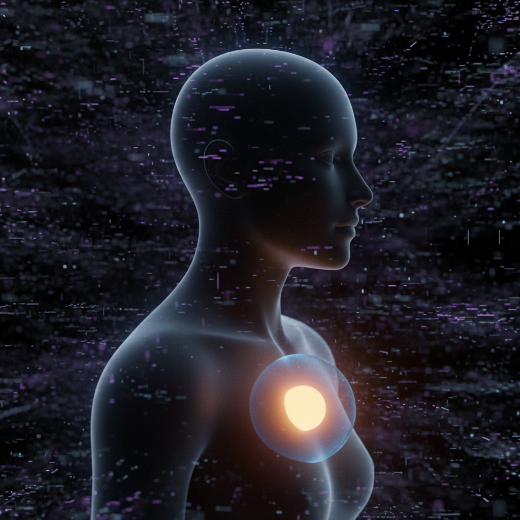 Grafische Darstellung eines Micro-Rituals, bei dem eine ruhige Lichtquelle im Körper die umgebende Hektik und den Stress (5 Minuten Selfcare) aktiv unterbricht.