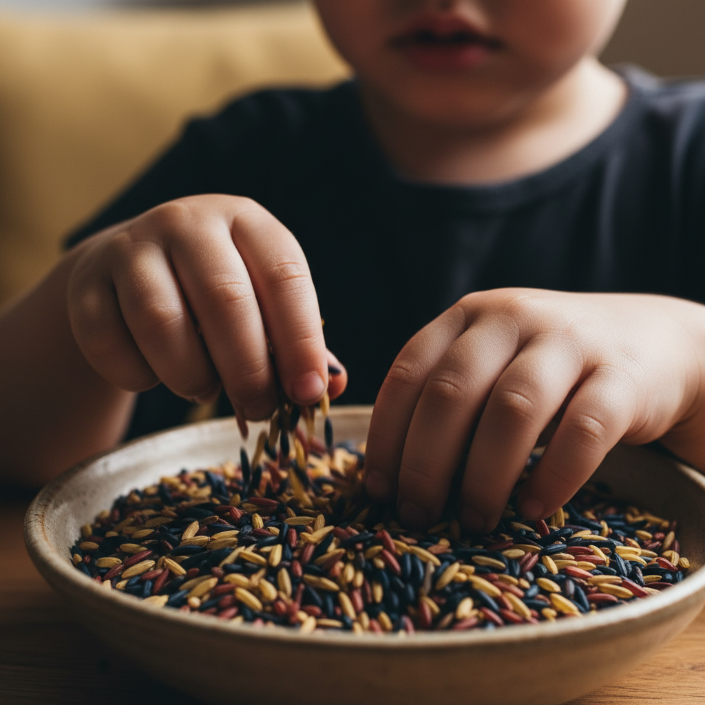 Close-up auf Hände, die in eine große Menge gefärbter Reiskörner greifen, was die intensive sensorische Anregung der Fühlbox darstellt.