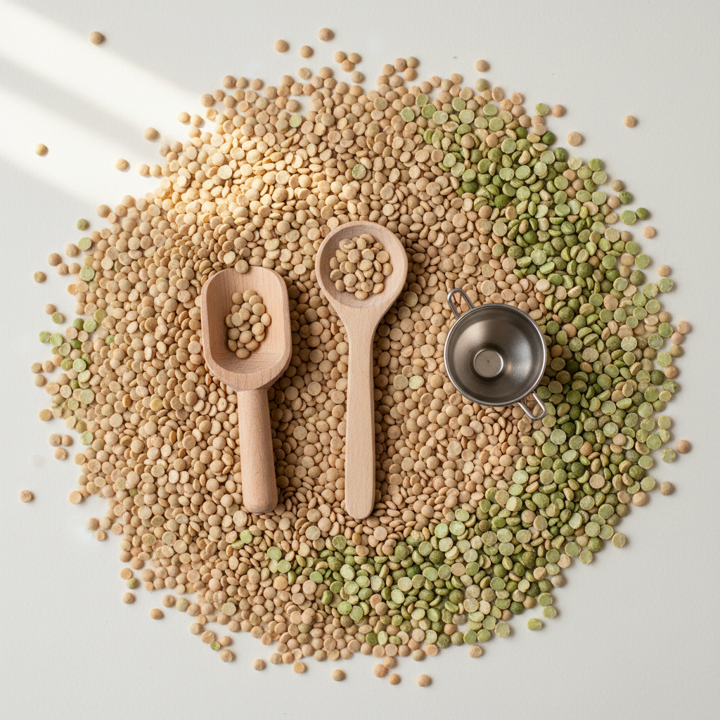 Ansicht von oben auf verschiedene kleine Werkzeuge (Löffel, Trichter) in einer Füllung aus Linsen, die Feinmotorik-Übungen in der Fühlbox zeigen.