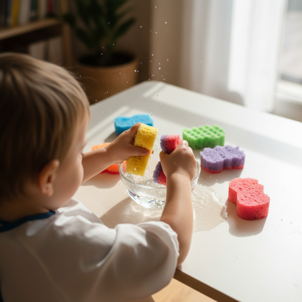 Ruhige Szene, die die Konzentrationssteigerung durch Sensory Play zeigt, indem ein Kind Wasser aus bunten Schwämmen presst.