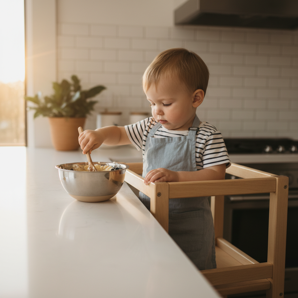 Ein Kleinkind steht sicher in einem Holz-Lernturm in der Küche und konzentriert sich auf das Zerkleinern von Obst, was die Vorteile von Mini-Koch-Hacks mit Lernturm für Eltern und Kind zeigt.