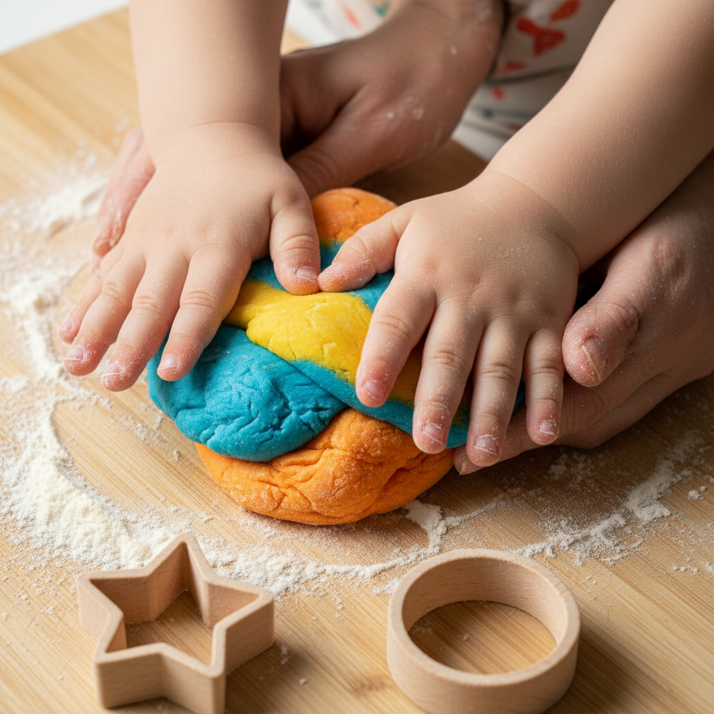 Nahaufnahme von kleinen Kinderhänden, die gemeinsam mit einem Erwachsenen Teig kneten, ein einfacher Mini-Koch-Hack mit Lernturm zur Förderung der Feinmotorik und haptischen Wahrnehmung.