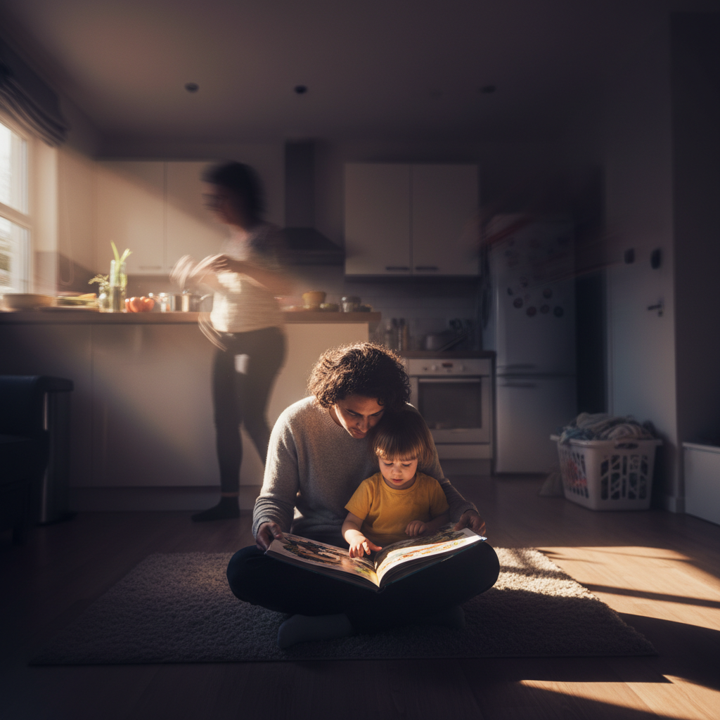 Visuell beeindruckendes Bild, das einen Moment der Ruhe und Konzentration beim 5-Minuten Lese-Hack inmitten des alltäglichen Eltern-Chaos darstellt und Effizienz symbolisiert.