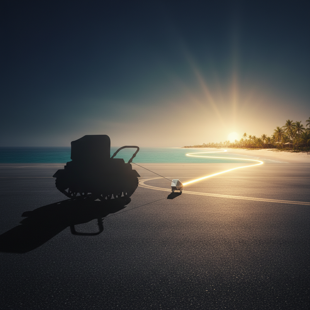 Visuelle Darstellung des Kontrasts: Ein riesiger, dunkler Kinderwagen-Schatten steht der Freiheit eines winzigen, leichten Symbols gegenüber, das entspannte Ferien dank eines Reisebuggys symbolisiert.