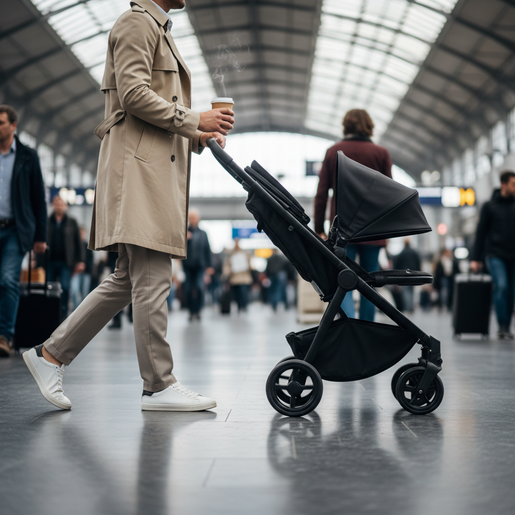 Nahaufnahme eines Elternteils, das einen kompakten Reisebuggy mit nur einer Hand durch einen belebten Bahnhof schiebt, was die einfache Manövrierbarkeit und den notwendigen Ein-Hand-Faltmechanismus des Reisebuggys verdeutlicht.