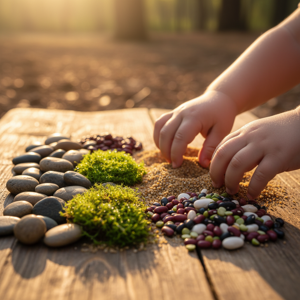 Nahaufnahme der Hände eines Kindes, das verschiedene natürliche Texturen und Materialien für intensive Sensorik-Spiele erfühlt.