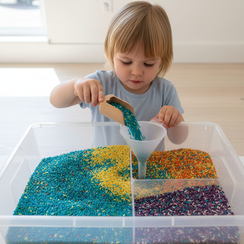 Ein Kind vertieft in das Schütten von farbigem Reis in einer Sensorik-Box, ein perfektes Beispiel für fokussiertes Spielen.