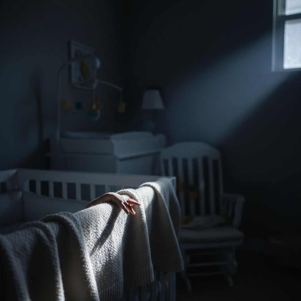 Ruhige Nachtszene im Kinderzimmer, durchbrochen von einem Lichtstrahl, symbolisiert die schnelle Erleichterung durch den Tiefkühl-Hack Zahnungs-Drama.