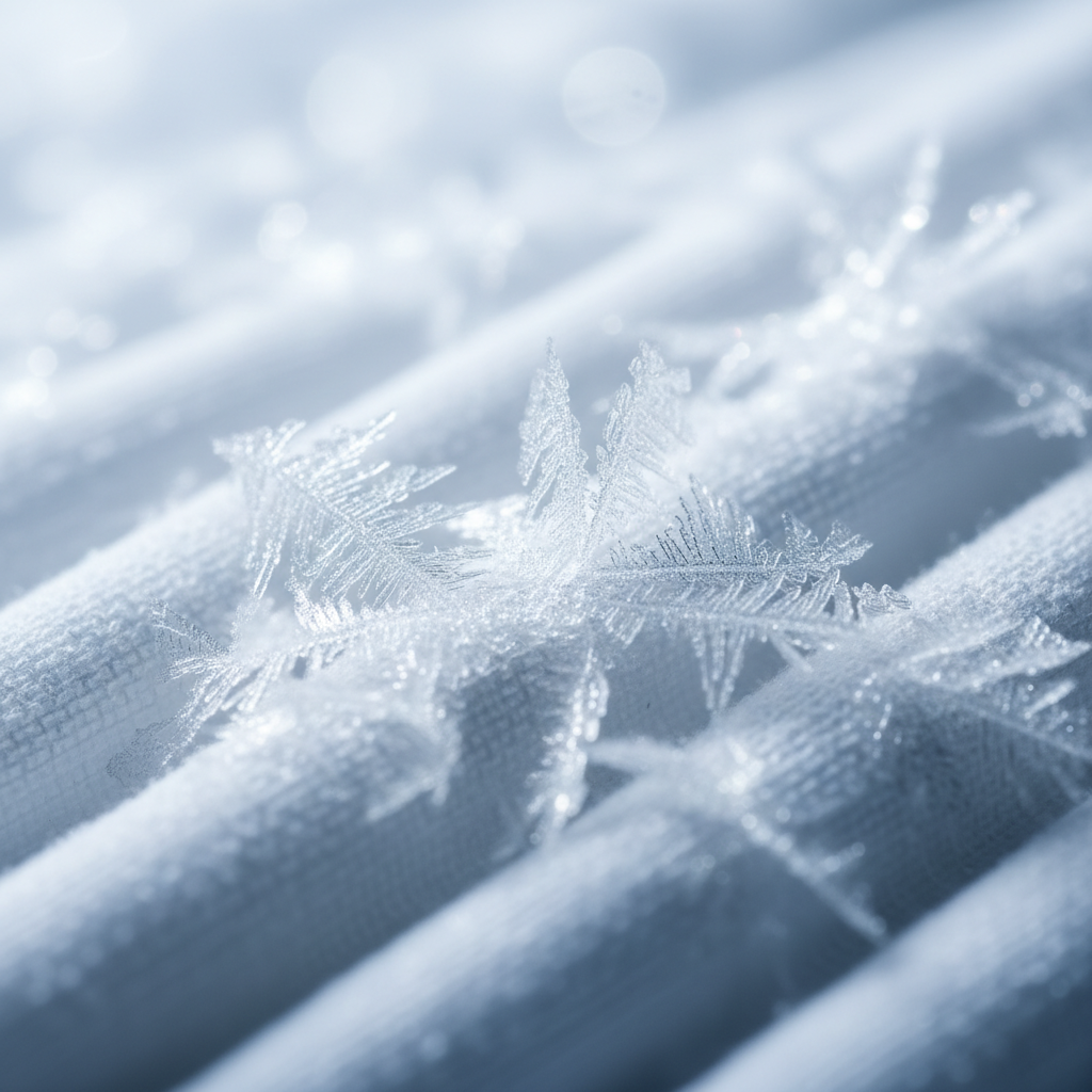 Makroaufnahme von Eiskristallen auf weichem Stoff, die die sofortige Kältelinderung des Tiefkühl-Hacks gegen Zahnungs-Drama darstellen.