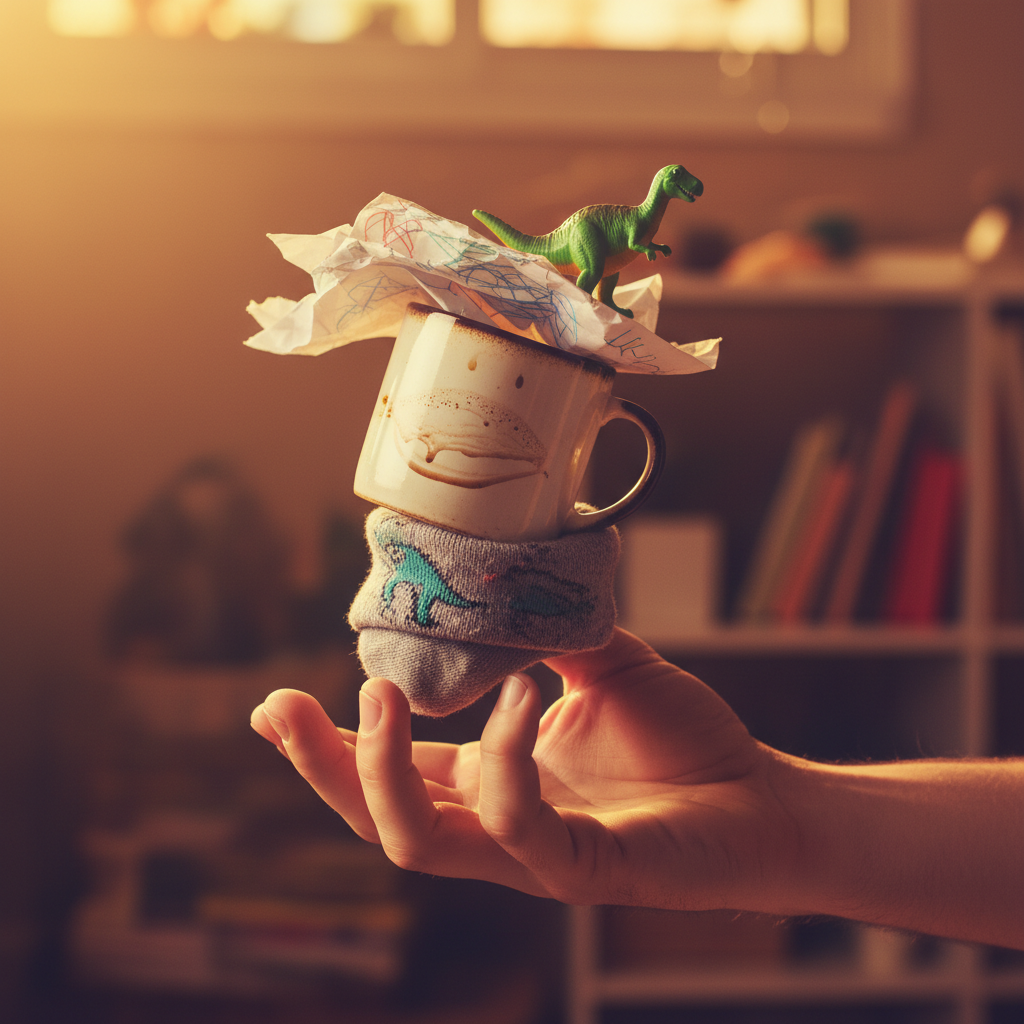 Dramatische Nahaufnahme einer Hand, die chaotische Haushaltsgegenstände unter dem immensen Perfektionsdruck im Familienalltag ausbalanciert.