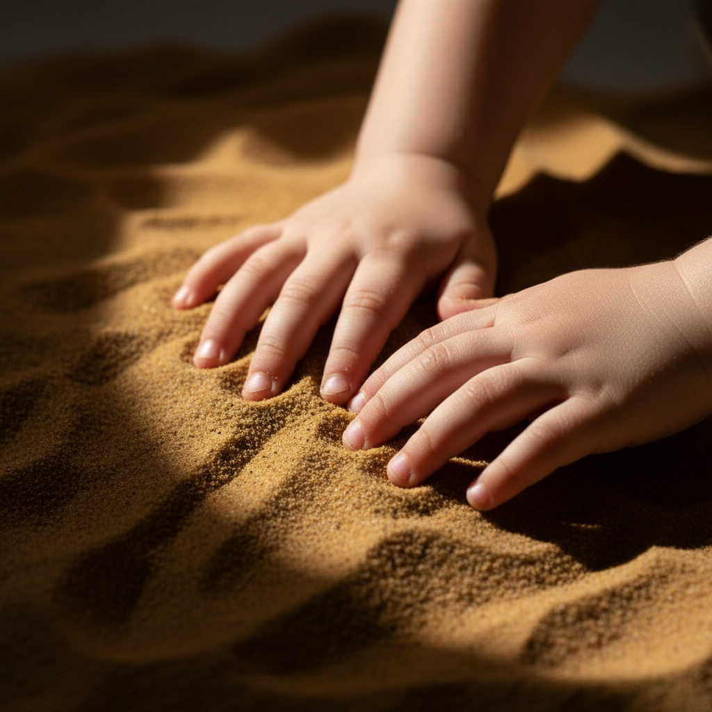 Nahaufnahme von Kinderhänden, die sanft in texturiertem Material graben, symbolisiert Erdung und Fokus durch sensorisches Spiel als Methode zur Stressbewältigung.