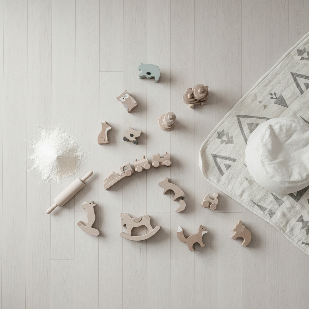 Ästhetische Overhead-Aufnahme eines minimalistischen Wohnraums mit inszenierter Unordnung, die den Curated Chaos Trend und den Perfektionsdruck im Familienalltag kritisiert.