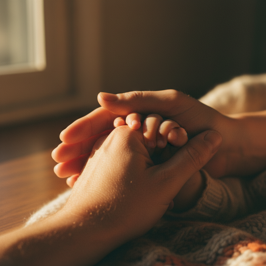 Eine erwachsene Hand hält beruhigend die Hand eines Kindes, symbolisiert Co-Regulation und die Begleitung bei Wutanfälle Kleinkind.