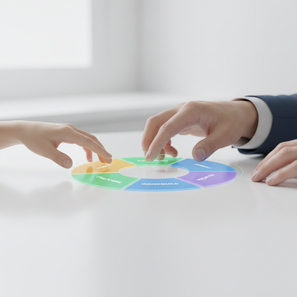 Nahaufnahme von zwei Händen, die gemeinsam einen transparenten, leuchtenden Organisationsplan mit fest zugewiesenen Ressorts halten, als Lösung für den Mental Load.