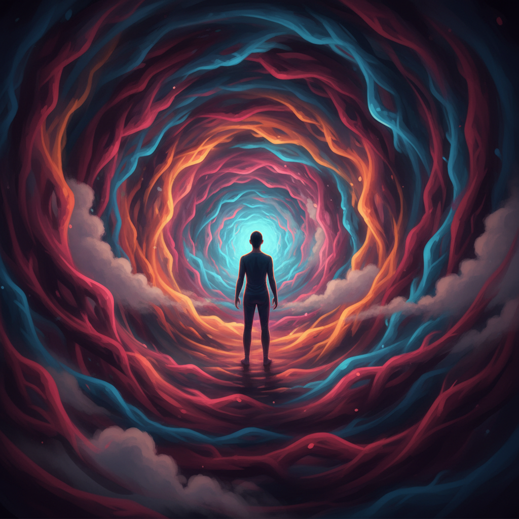 Metaphorische Darstellung eines ruhigen Ankers, der inmitten eines wirbelnden emotionalen Sturms steht, symbolisierend den ruhigen Umgang mit Kleinkind Wutanfällen.