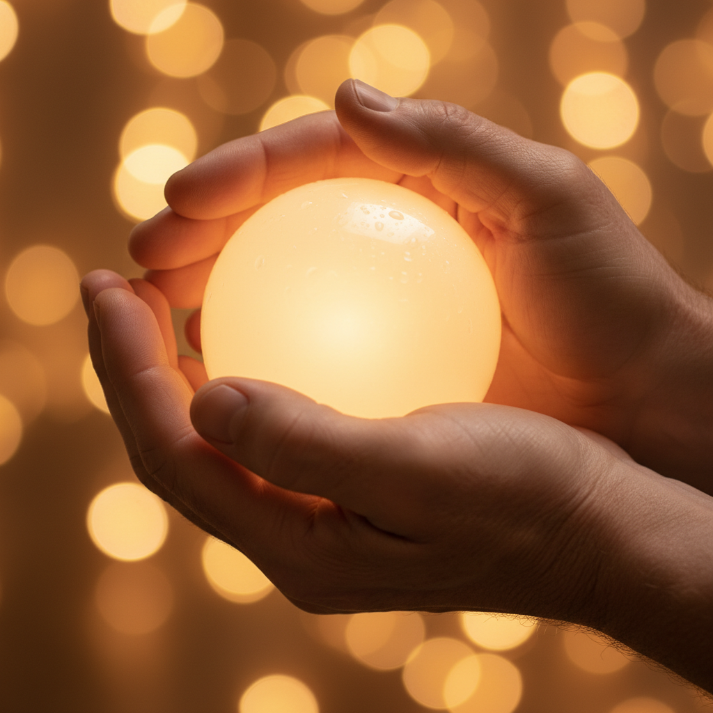 Nahaufnahme von sanften Händen, die ein leuchtendes Objekt halten, was die notwendige Sicherheit und die emotionale Verbindung nach Kleinkind Wutanfällen darstellt.
