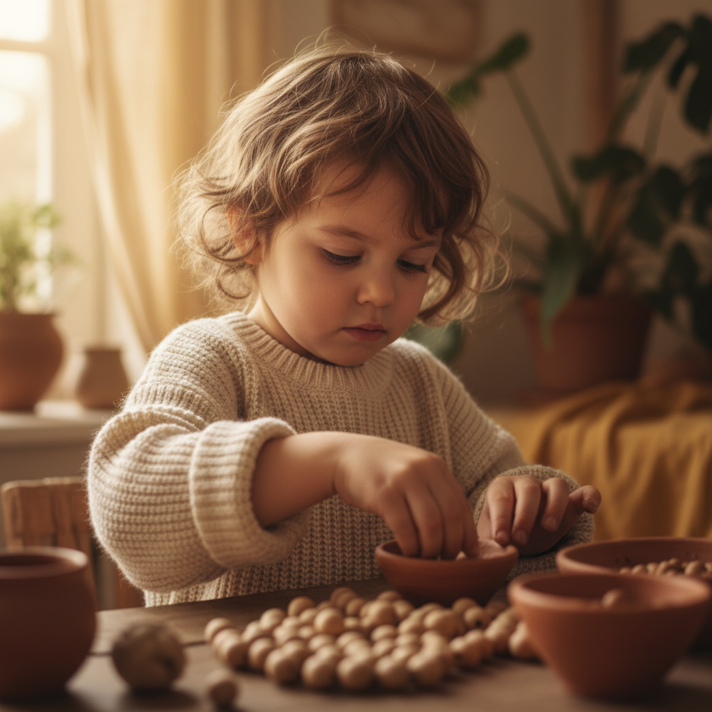 Beruhigendes Porträt eines Kindes, das tief konzentriert bei einer taktilen Aktivität ist, veranschaulicht die stressreduzierenden Effekte von sensorischem Spiel.