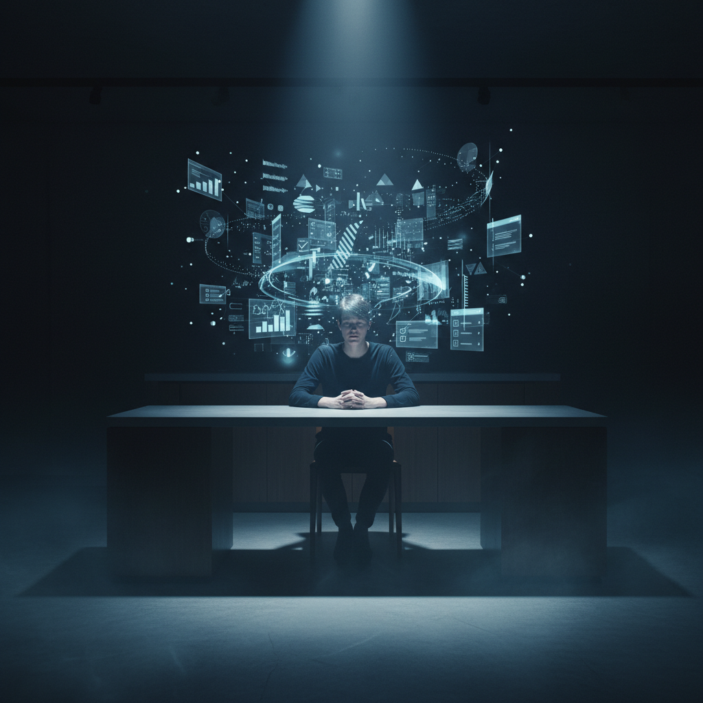 Dramatische Darstellung eines Menschen, um dessen Kopf herum unsichtbare, leuchtende Datenströme fließen, die den hohen Mental Load und die kognitive Überlastung symbolisieren.