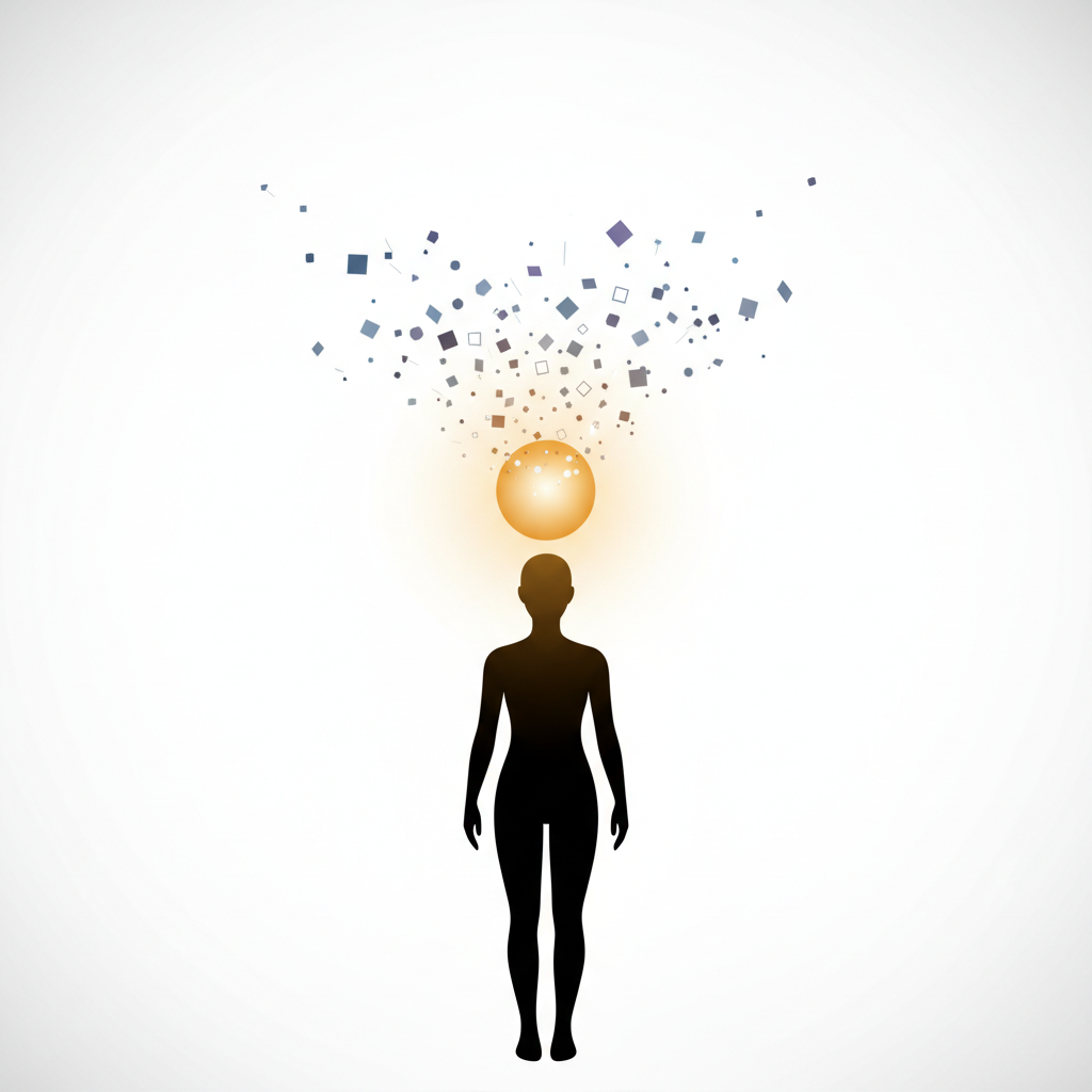 Minimalistische, helle Darstellung einer Silhouette, von der kleine Lasten abfallen, um die Entlastung vom Mental Load und die pragmatische Priorisierung zu visualisieren.