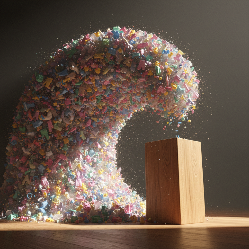 Symbolbild für die Vermeidung des Konsumwahnsinns und die Vorteile der nachhaltigen Elternschaft, dargestellt durch eine Welle aus Kleidung, die von Minimalismus gestoppt wird.