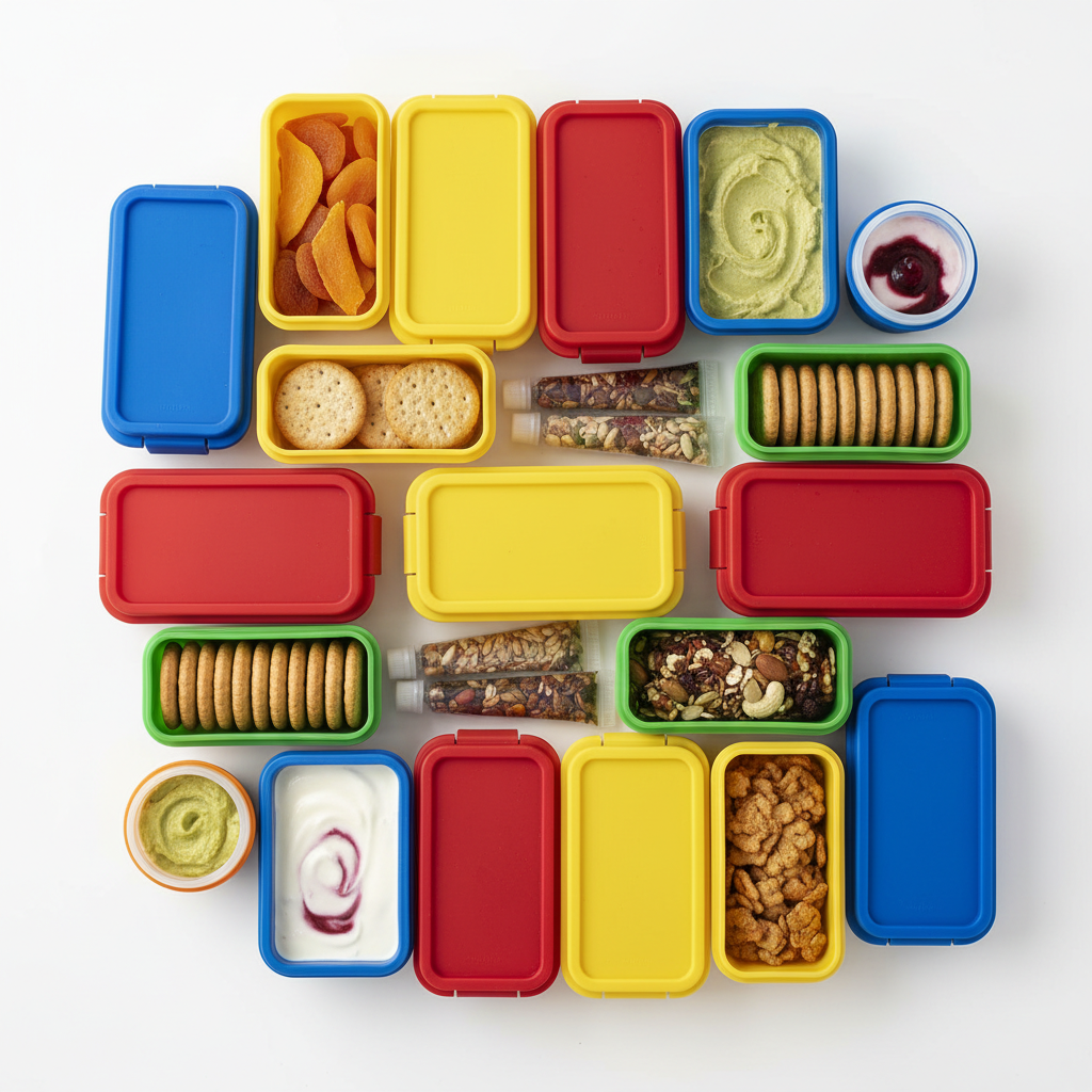 Nahaufnahme (Flat Lay) von perfekt portionierten und organisierten Snacks in kleinen Behältnissen, die zeigen, wie stressfreies Snacken unterwegs gelingt.