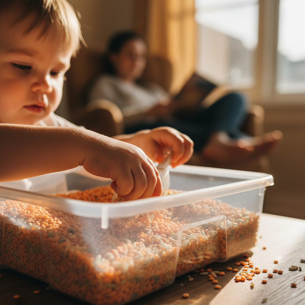 Nahaufnahme der Hände eines Kleinkindes, das hochkonzentriert mit Reis in einer Sensorik-Kiste spielt und dabei die Feinmotorik trainiert.