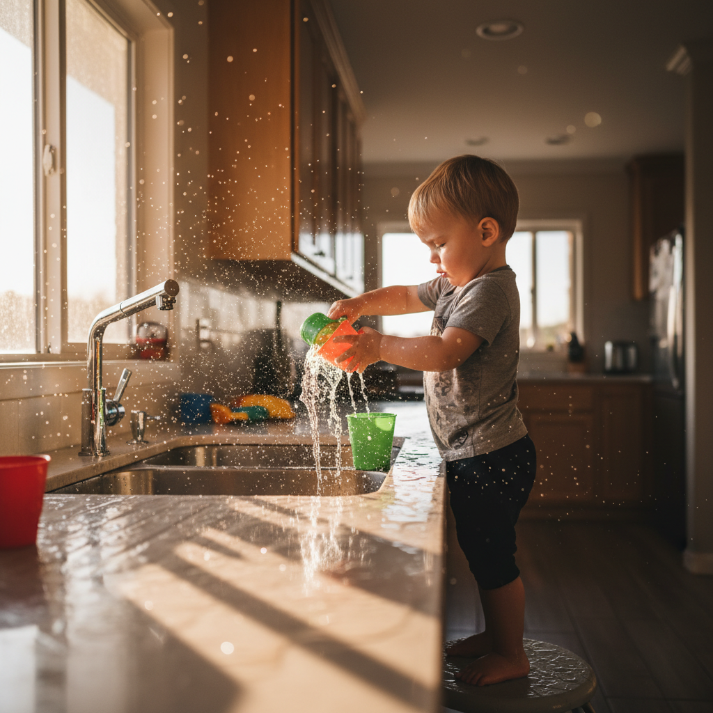 Ein Kleinkind steht sicher auf einem stabilen Lernturm an der Küchenspüle und konzentriert sich intensiv auf das Wasserspiel – der perfekte Spül-Hack für ungestörte Kochzeit.