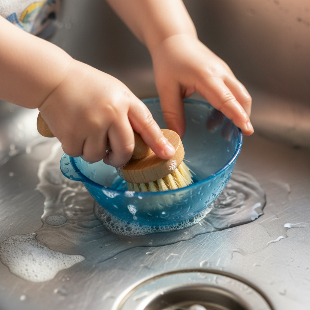 Nahaufnahme von Kinderhänden, die mit einer kleinen Bürste ein Plastikgeschirr in der Spüle schrubben, was spielerisch die Feinmotorik beim Spül-Hack fördert.