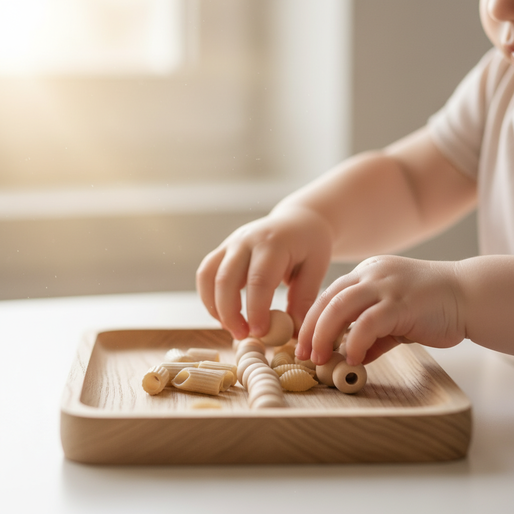 Ein Kleinkind ist hochkonzentriert bei trockenen und sauberen Clean Play Aktivitäten am Tisch beschäftigt, während warmes Licht durch das Fenster fällt, was eine entspannte Lernumgebung schafft.