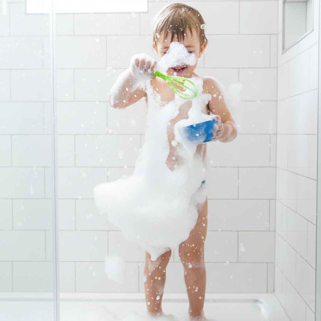 Fröhliches Kind spielt in einer Duschkabine mit Schaum und Seifenblasen, eine ideale Form von Clean Play Aktivitäten zur Förderung der Feinmotorik und Sensorik, die das Aufräumen erleichtert.