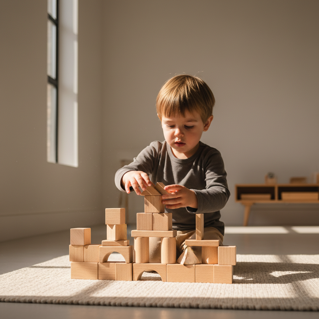 Ein Kind vertieft sich in das kreative Spielen mit einfachen Holzbausteinen, was die Vorteile des freien Spiels und der Konzentrationsförderung illustriert.