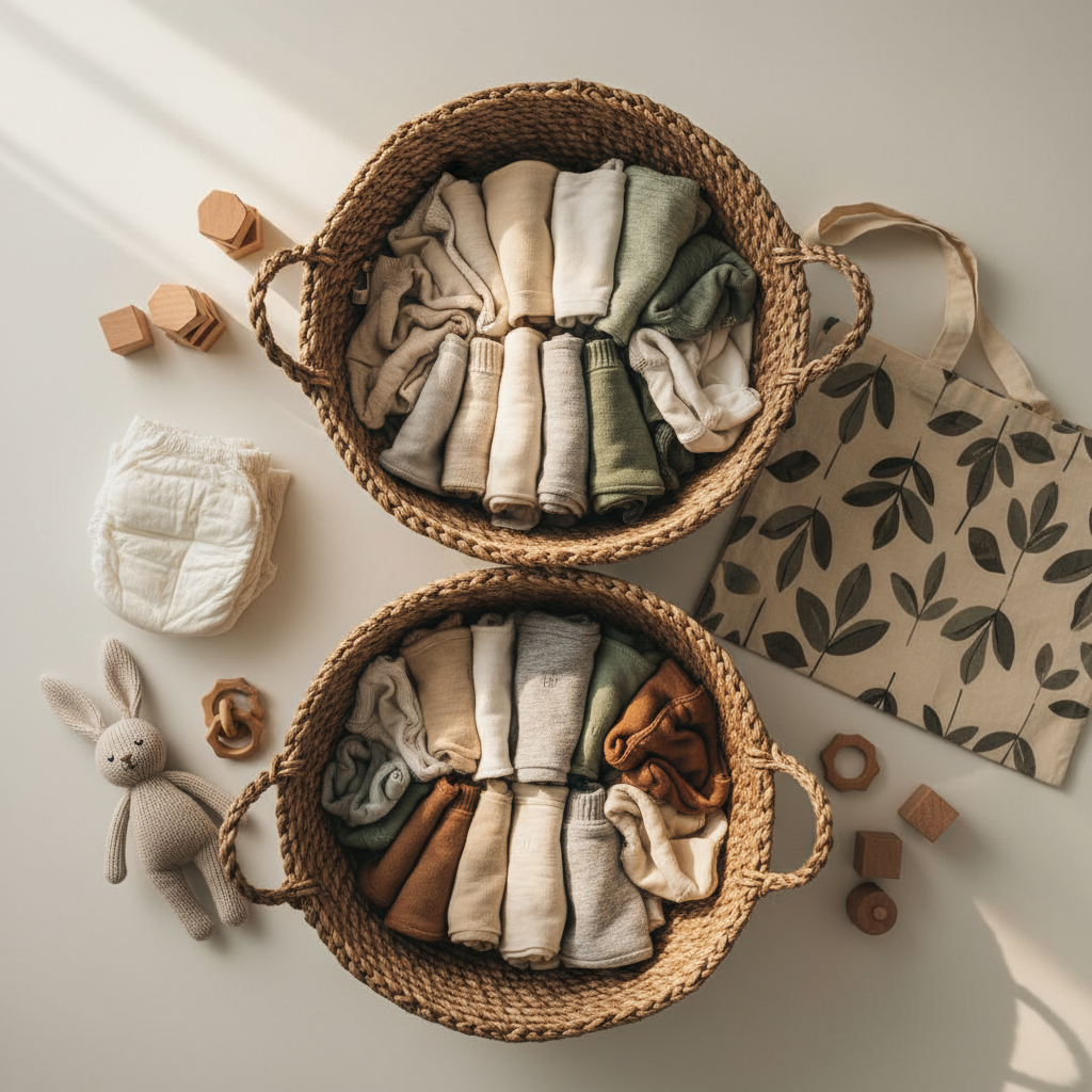 Gebrauchte Babykleidung in organisierten Jute-Körben, die den Kreislauf der nachhaltigen Elternschaft und des Second-Hand-Kaufs symbolisieren.