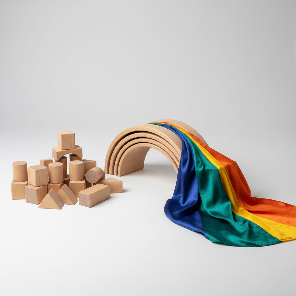 Ästhetische Darstellung von hochwertigen Materialien für kreatives Spielen, darunter ein Holz-Regenbogen Stapelspiel und unbehandelte Holzbausteine.