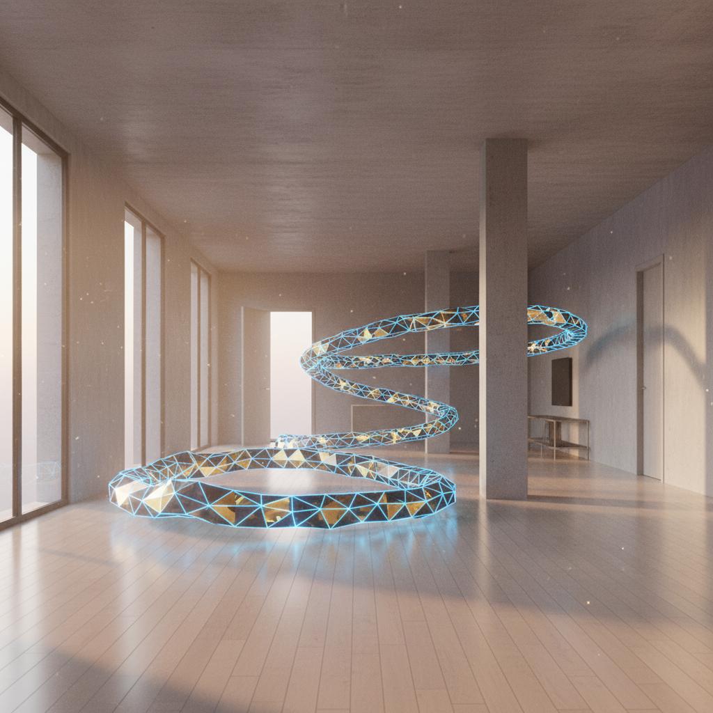 Symbolische Darstellung eines dynamischen, kreativen Indoor Parcours Kleinkind in einer minimalistischen Wohnung zur Kanalisierung überschüssiger Energie.