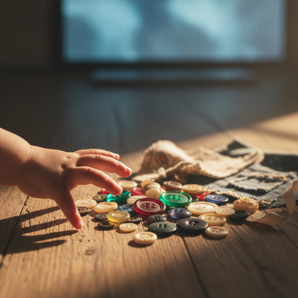 Nahaufnahme einer Kinderhand, die von einem kalten, digitalen Licht weg zu warmen, haptischen Spielmaterialien greift, symbolisierend die Kraft bildschirmfreier Hacks.