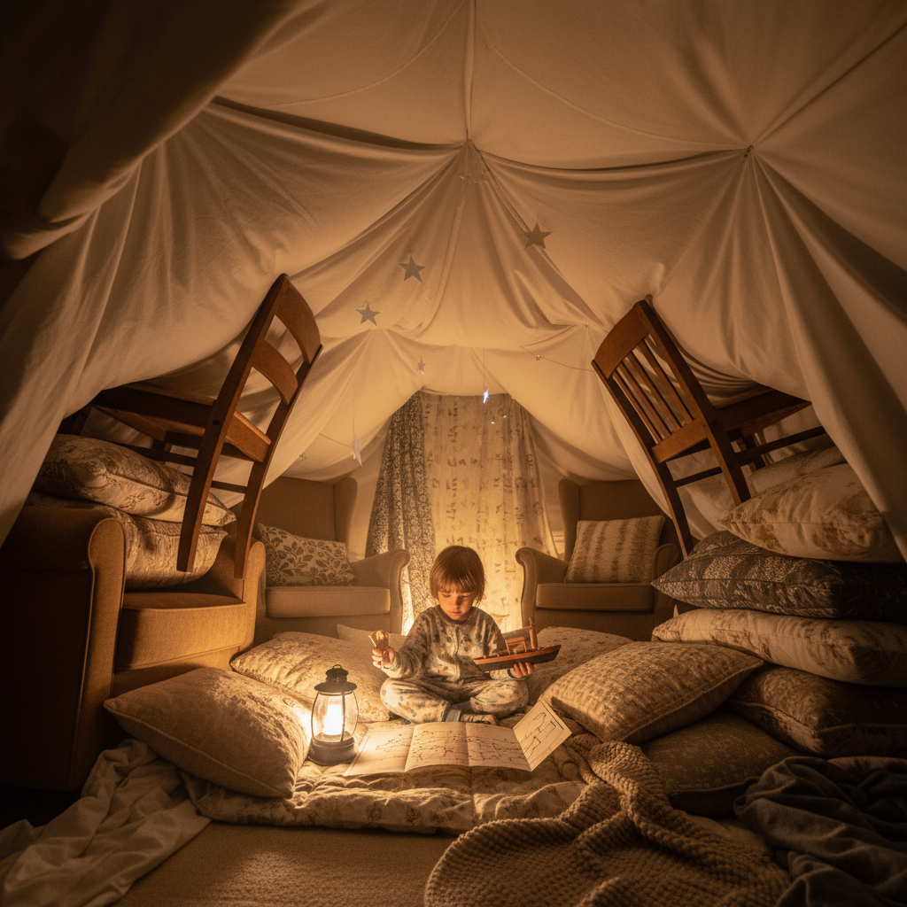 Ein Kind spielt selbstvergessen in einem gemütlichen Deckenfort, beleuchtet von warmem Licht, als Beispiel für effektive bildschirmfreie Hacks.