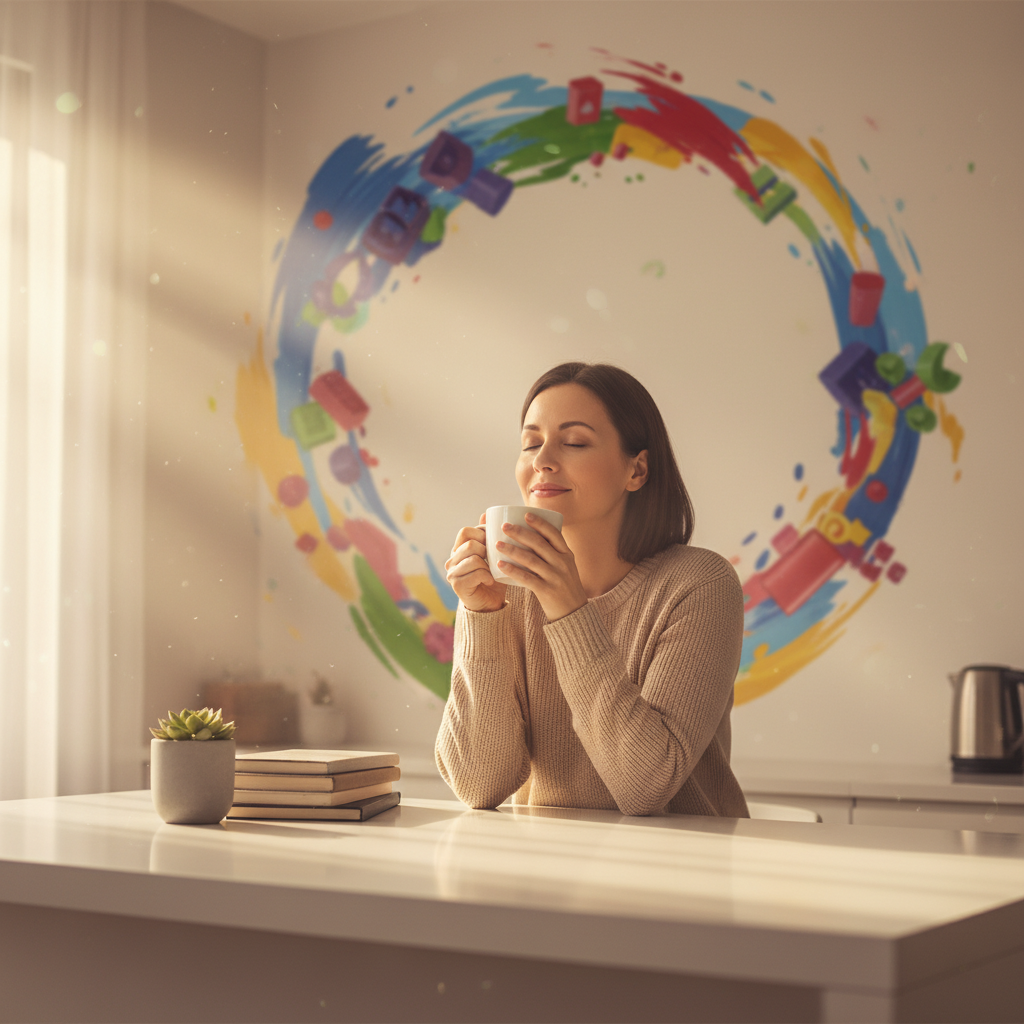 Eine ruhige Szene einer entspannten Mutter, die Kaffee trinkt, symbolisiert die Ruhe und Organisation, die man durch clevere Mom Hacks im turbulenten Familienalltag gewinnen kann.