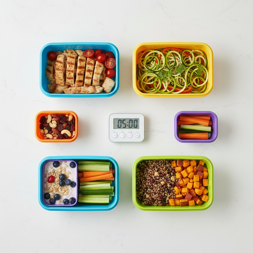 Überblick über organisierte und vorbereitete Mahlzeiten in farbigen Boxen mit einem Timer, der die Effizienz und Zeitersparnis durch clevere Mom Hacks in der Küche darstellt.
