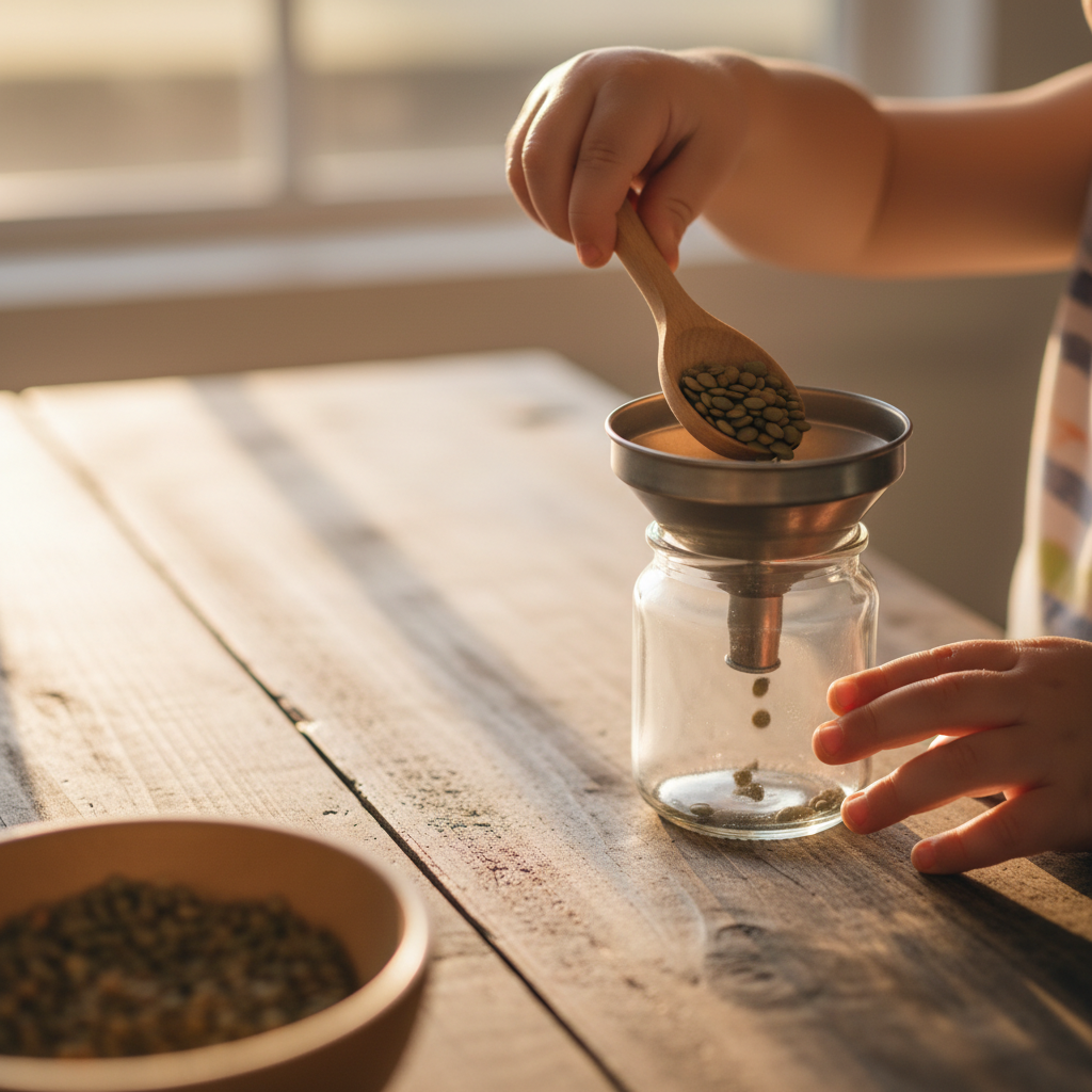 Nahaufnahme von Kleinkindhänden, die konzentriert trockene Nudeln in einen Trichter schütten. Eine effektive Methode, um das Kleinkind beschäftigen und die Feinmotorik zu fördern.