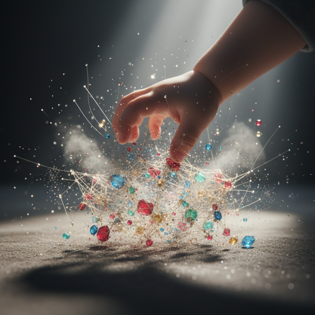 Dynamische Metapher für den Frustabbau eines Kleinkindes, wobei explosive Energie durch kontrollierte Zerstörung freigesetzt wird, symbolisiert durch eine krachende Hand.