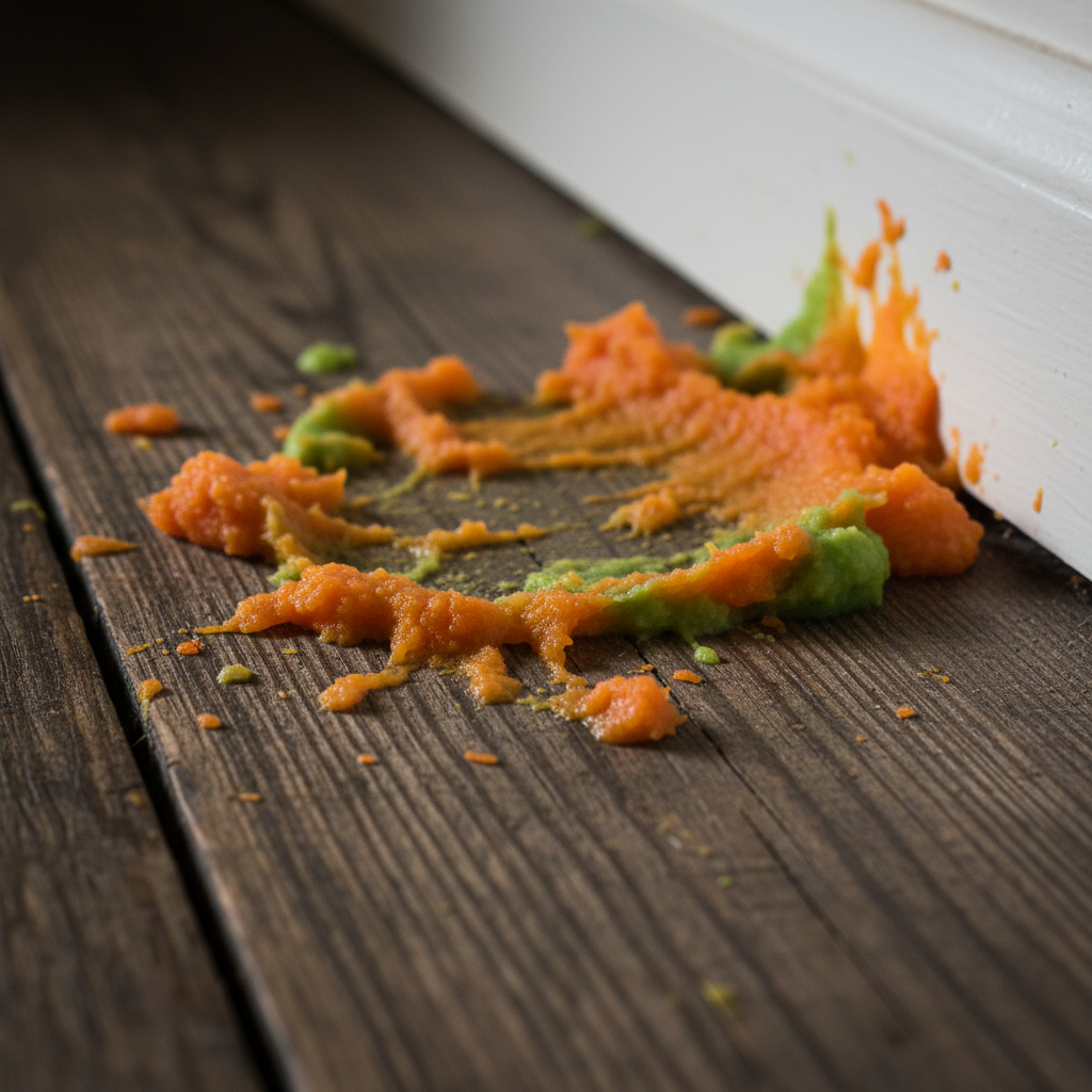 Nahaufnahme von klebrigem Brei auf einer Bodenfuge, die zeigt, wie notwendig eine Klecker-Matte für den Hochstuhl ist.