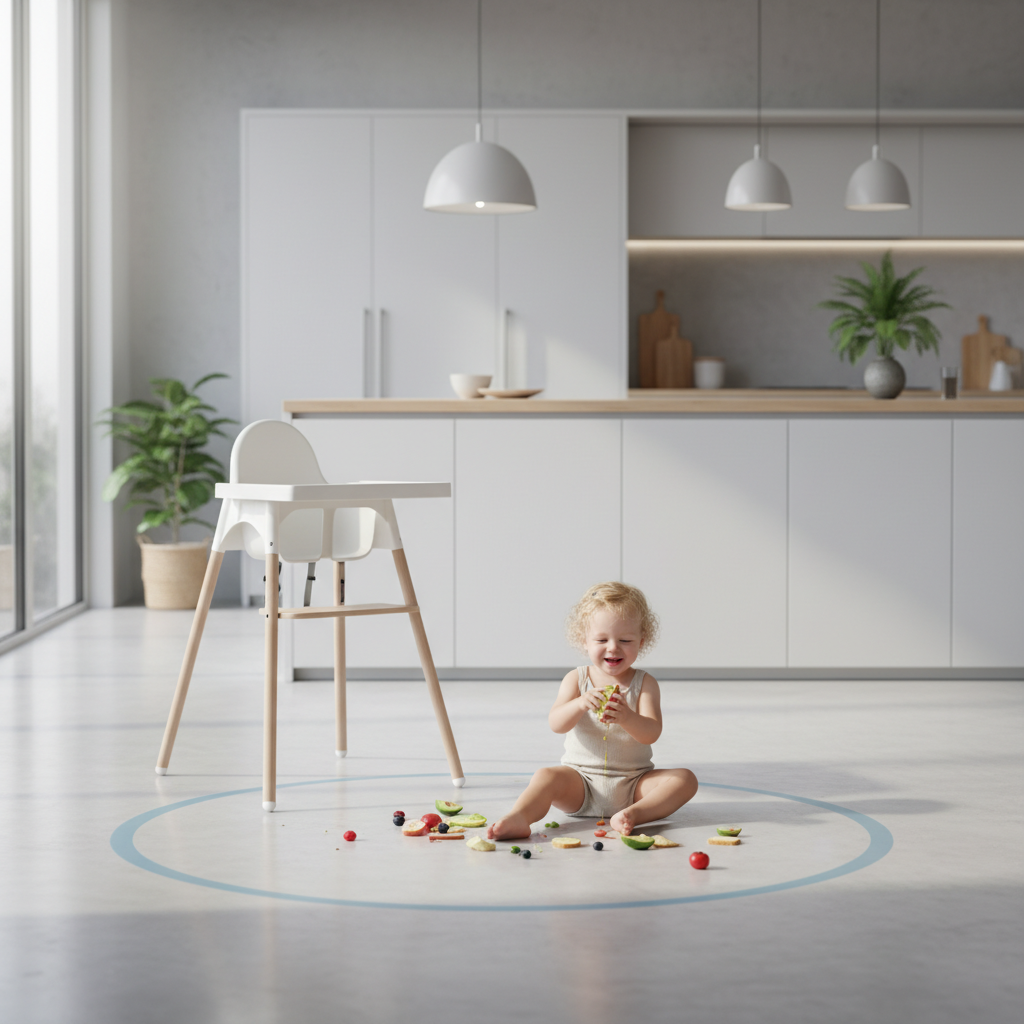 Helles, minimalistisches Bild eines entspannten Babys beim Essen im Hochstuhl, wobei der Boden dank der Klecker-Matte sauber bleibt.