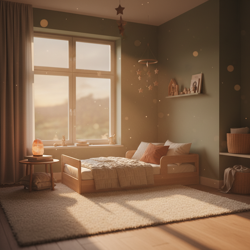 Ein friedliches Kinderzimmer bei Sonnenuntergang, das Ruhe und Geborgenheit für sanfte Abendrituale für Kinder symbolisiert und einen entspannten Start in die Nacht verspricht.