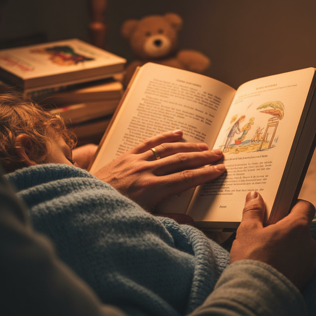 Detailaufnahme von Elternteil und Kind beim gemeinsamen Lesen eines Buches als einfaches und effektives Abendritual, das Ruhe und Vorhersehbarkeit schafft.