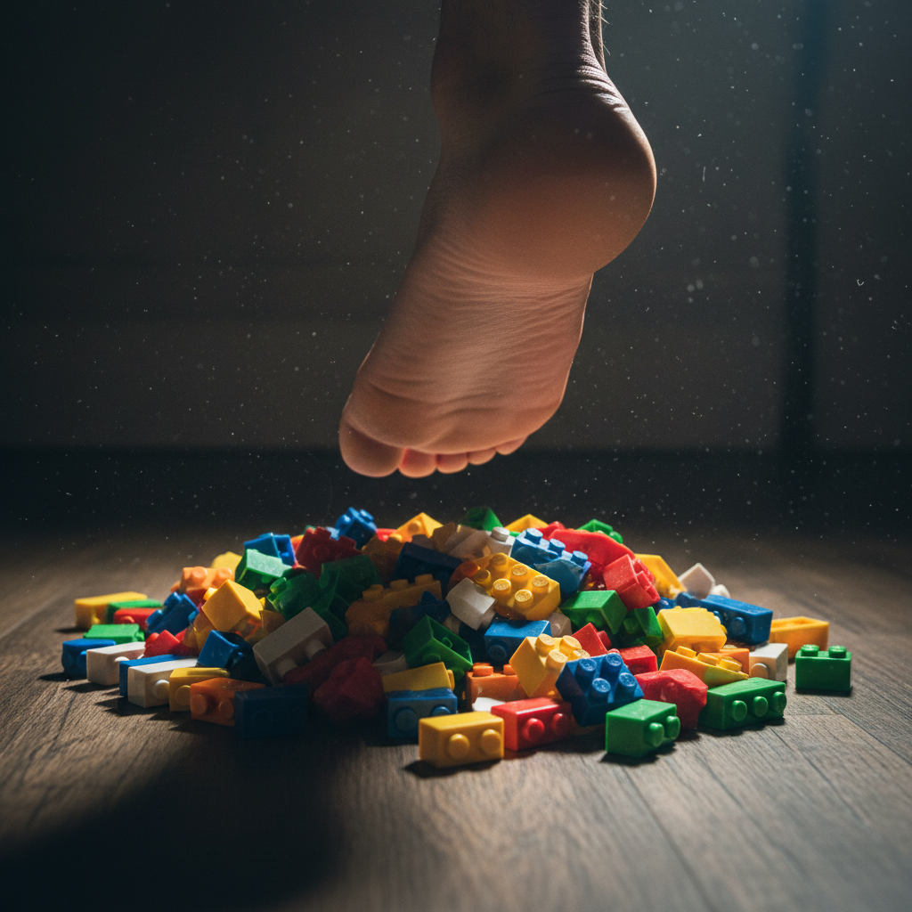 Nahaufnahme eines nackten Fußes, der dramatisch auf einen Haufen bunter Plastikbausteine tritt, um das tägliche LEGO-Chaos und die Frustration im Kinderzimmer zu symbolisieren.