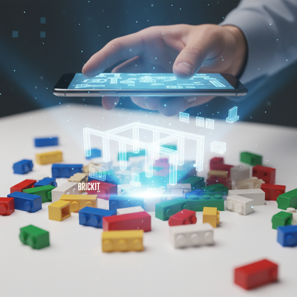 Eine Hand hält ein Smartphone über ausgebreitete Bausteine, deren Bildschirm holografische Baupläne projiziert und so den Brickit LEGO Hack zur Wiederentdeckung alter Schätze visualisiert.