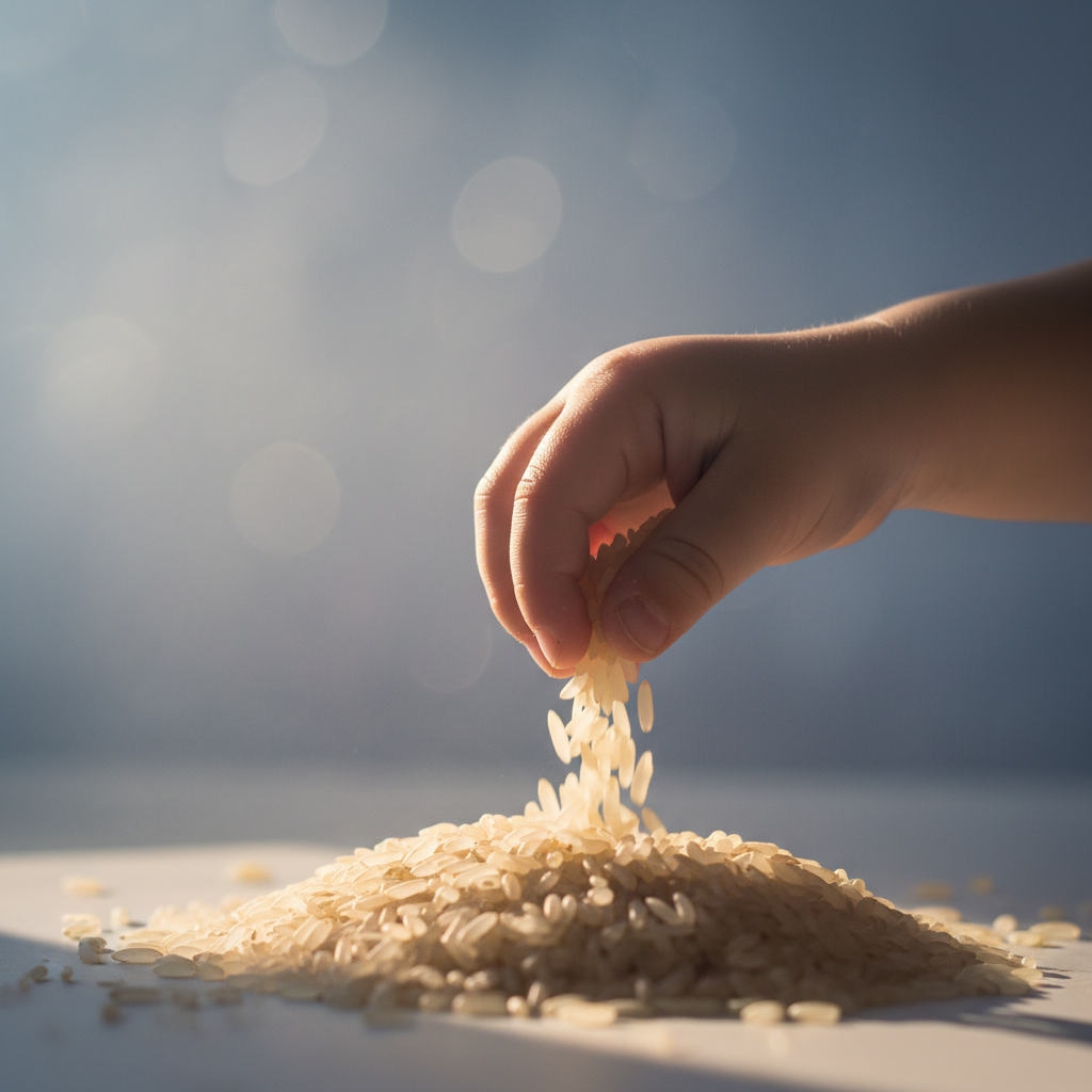 Nahaufnahme einer Kinderhand, die feinen Sand greift, als Symbol für die Erdung und Entspannung durch Sensorisches Spiel am späten Nachmittag.